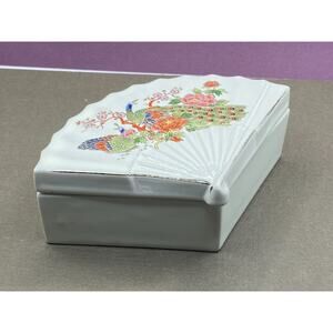 Vintage Porcelain Peacocks Japanese Asahi Fan Trinket Small Jewelry Box